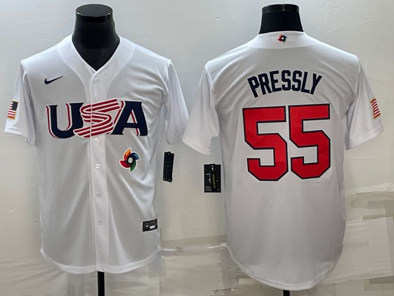 Men 2023 World Cub USA #55 Pressly White Nike MLB Jersey6->more jerseys->MLB Jersey
